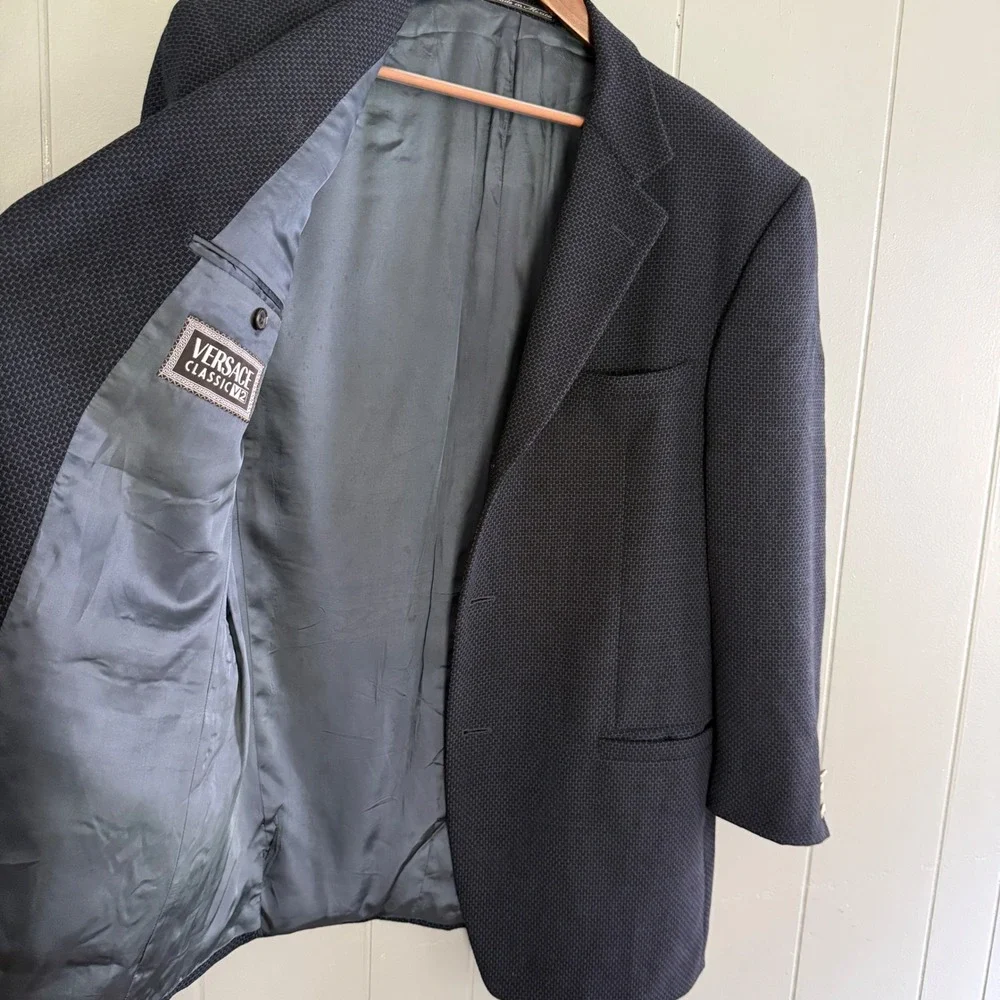 Versace Classic V2 Blazer Navy Textured Wool 100% US 42 Business Formal IT 52